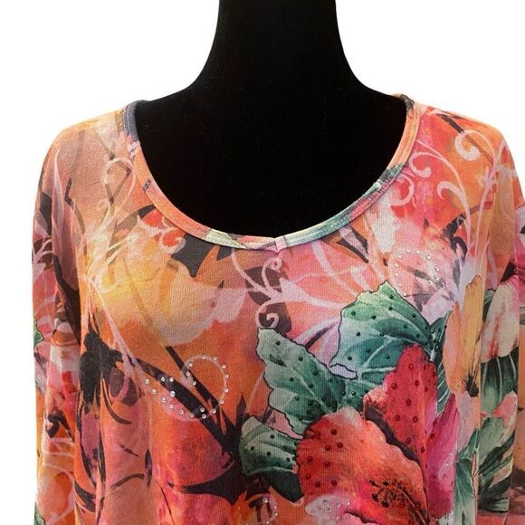 Indigo Soul Floral 3/4 Sleeve Shark bite Hem Top Sz 2XL - Picture 2 of 12